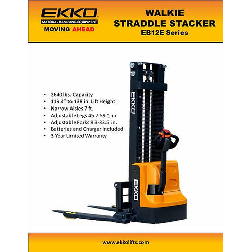 EKKO Electric Straddle Stacker | 138" Lift Height | 2640 lb Capacity | EB12E-138