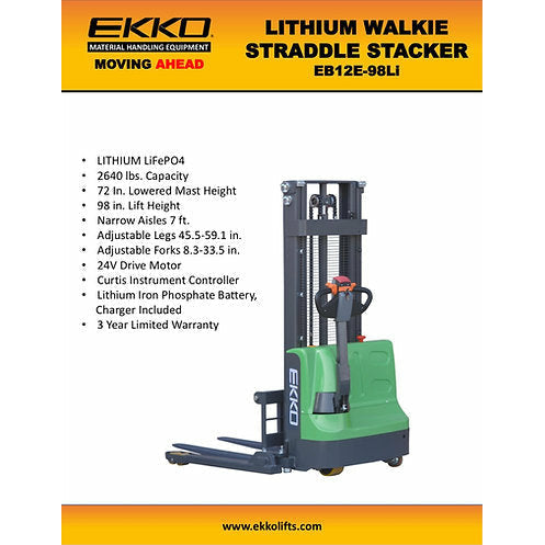 EKKO Lithium Straddle Stacker | 98" Lift Height | 2640 lb Capacity | EB12E-98Li