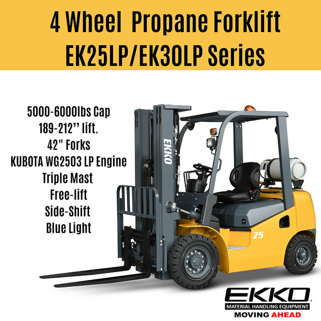 EKKO Pneumatic Propane Forklift (LPG) 6000 lbs cap, 189" Lift Height - EK30SLP