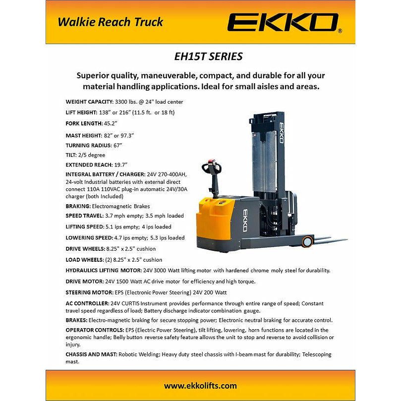 EKKO Moving Mast Walkie Reach Truck 3300 lb Cap., 216" Height - EH15TH