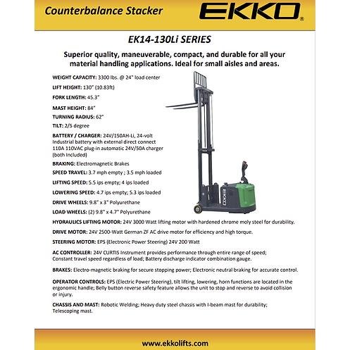 EKKO Lithium Counterbalanced Walkie Stacker | 130" Lift Height | 3300 lb Capacity | EK14-130Li