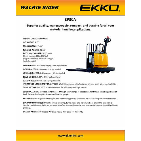 EKKO Rider Pallet Truck with 6600 lb Load Capacity - EP30A