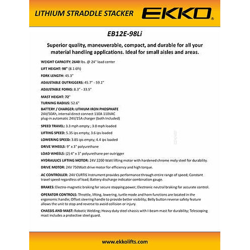 EKKO Lithium Straddle Stacker | 98" Lift Height | 2640 lb Capacity | EB12E-98Li