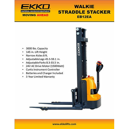 EKKO Electric Straddle Stacker | 145" Lift Height | 3000 lb Capacity | EB12EA