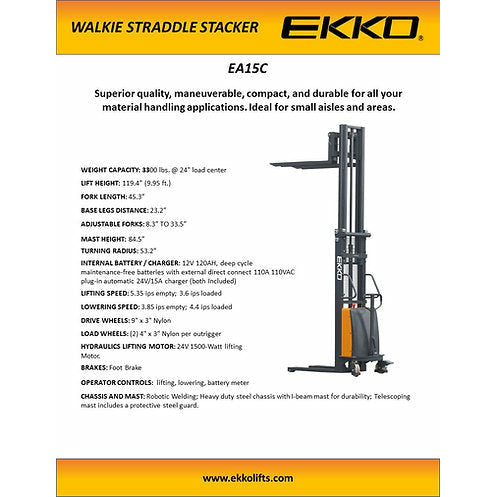 EKKO Fork-Over Semi-Electric Stacker | 119" Lift Height | 3300 lb Capacity | EA15C