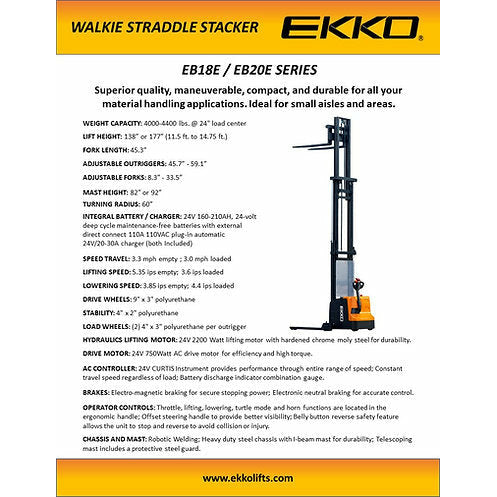 EKKO Electric Straddle Stacker | 177" Lift Height | 4400 lb Capacity | EB20E