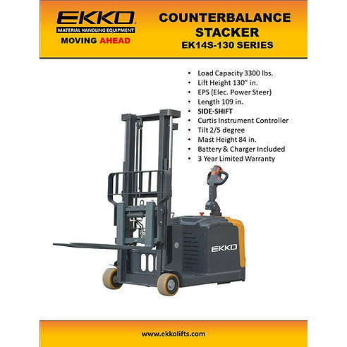 EKKO Counterbalanced Walkie Stacker | Side-Shifting | 130” Lift Height | 3300 lb Capacity | EK14S-130