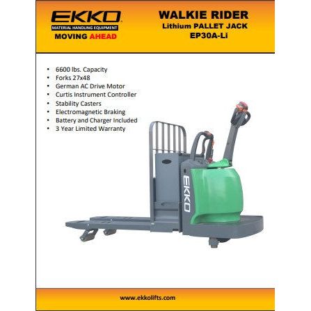 EKKO Lithium Rider Pallet Truck with 6600 lb Load Capacity - EP30A-LI