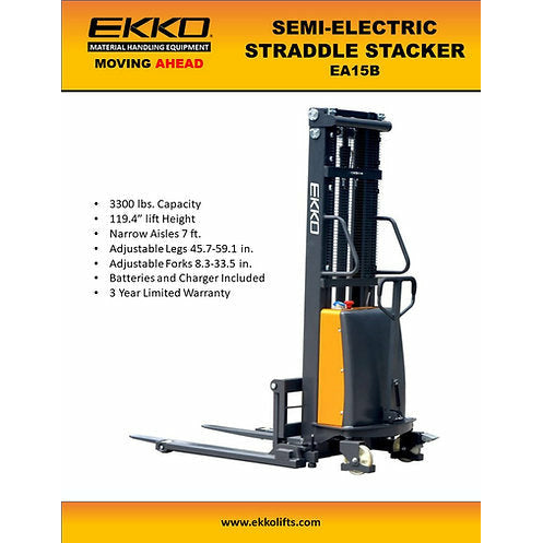 EKKO Semi-Electric Straddle Stacker | 119" Lift Height | 3300 lb Capacity | EA15B