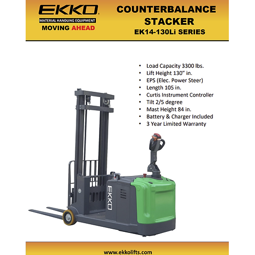 EKKO Lithium Counterbalanced Walkie Stacker | 130" Lift Height | 3300 lb Capacity | EK14-130Li
