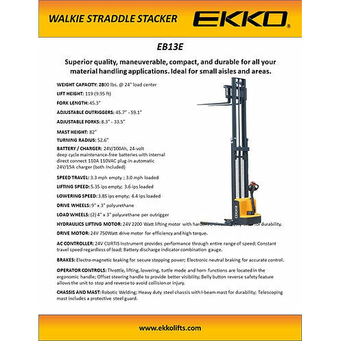 EKKO Electric Straddle Stacker | 119" Lift Height | 2800 lb Capacity | EB13E