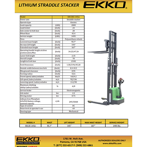 EKKO Lithium Straddle Stacker | Side-Shifting | 145" Lift Height | 2640 lb Capacity | EB13ES-145Li
