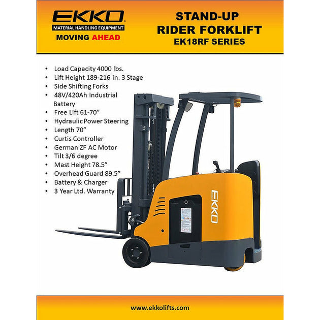 EKKO Stand-up Rider Forklift, 4000 lb Cap., 189" Lift Ht. 48V - EK18RFL