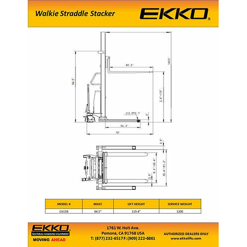 EKKO Semi-Electric Straddle Stacker | 119" Lift Height | 3300 lb Capacity | EA15B