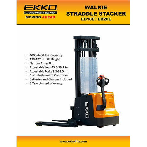 EKKO Electric Straddle Stacker | 177" Lift Height | 4400 lb Capacity | EB20E