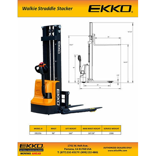 EKKO Electric Straddle Stacker | 145" Lift Height | 3000 lb Capacity | EB12EA