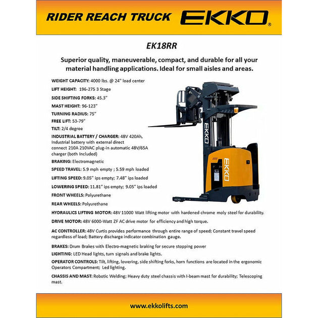 EKKO Stand-Up NA Reach Truck 4000 lb Cap., 275"Lift Ht. - EK18RR