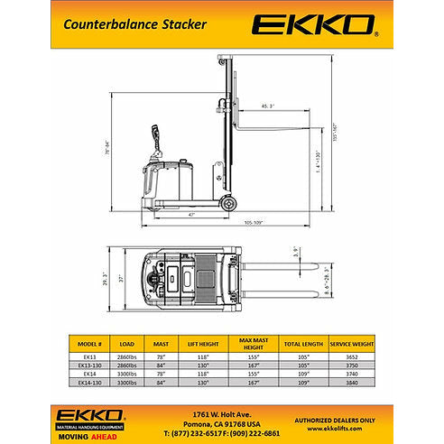 EKKO Counterbalanced Walkie Stacker | 118" Lift Height | 3300 lb Capacity | EK14