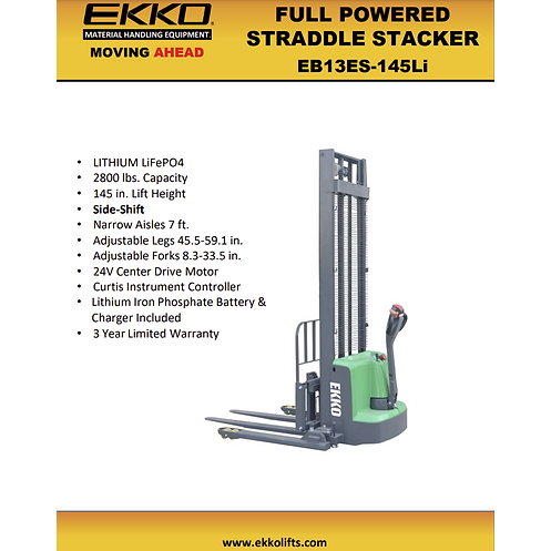 EKKO Lithium Straddle Stacker | Side-Shifting | 145" Lift Height | 2640 lb Capacity | EB13ES-145Li