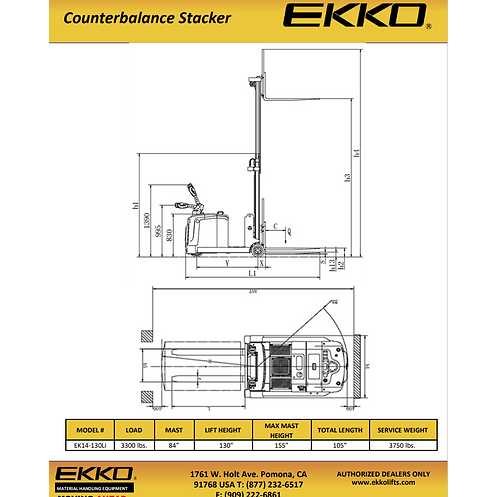 EKKO Lithium Counterbalanced Walkie Stacker | 130" Lift Height | 3300 lb Capacity | EK14-130Li