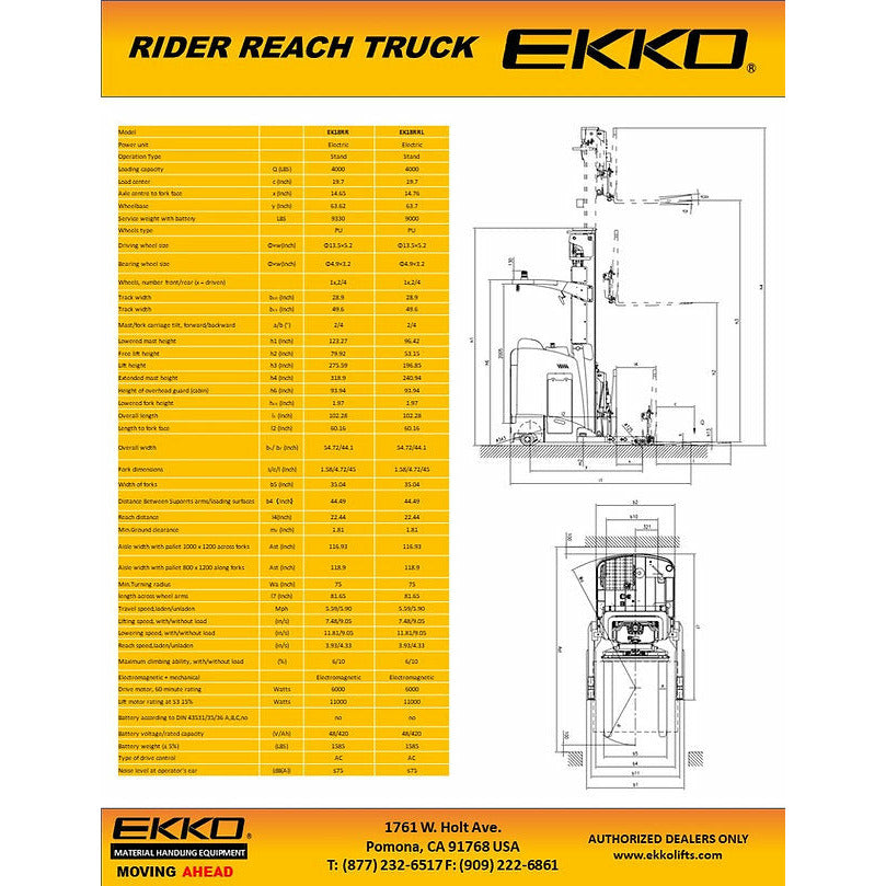 EKKO Stand-Up NA Reach Truck 4000 lb Cap., 196"Lift Ht. - EK18RRL