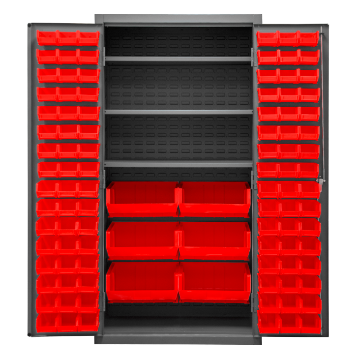 Durham 2501-BDLP-102-3S-1795 Cabinet, 16 Gauge, 102 Red Bins, 3 Shelves, 36 X 24 X 72
