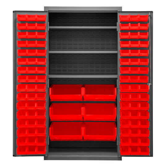Durham 2501-BDLP-102-3S-1795 Cabinet, 16 Gauge, 102 Red Bins, 3 Shelves, 36 X 24 X 72