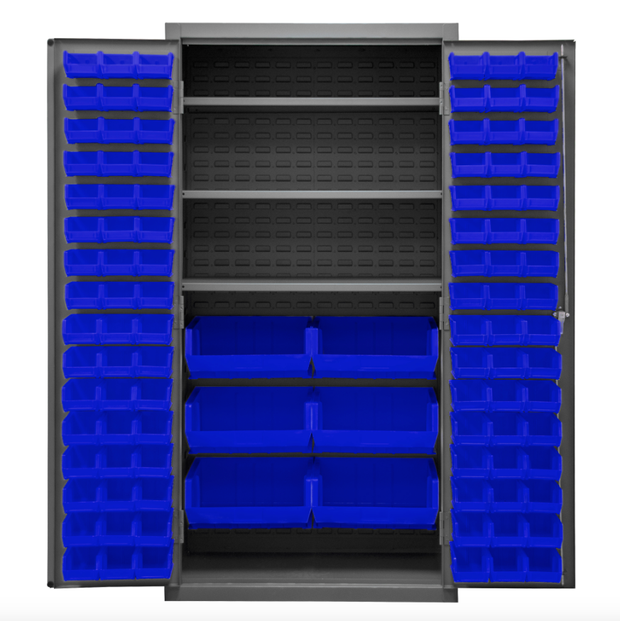 Durham 2501-BDLP-102-3S-5295 Cabinet, 16 Gauge, 102 Blue Bins, 3 Shelves, 36 X 24 X 72
