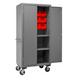 Durham 2501M-BLP-12-2S-1795 Mobile Cabinet, 16 Gauge, 2 Shelves, 12 Red Bins, 36 X 24 X 81