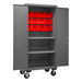 Durham 2501M-BLP-12-2S-1795 Mobile Cabinet, 16 Gauge, 2 Shelves, 12 Red Bins, 36 X 24 X 81