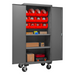 Durham 2501M-BLP-12-2S-1795 Mobile Cabinet, 16 Gauge, 2 Shelves, 12 Red Bins, 36 X 24 X 81