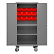 Durham 2501M-BLP-12-2S-1795 Mobile Cabinet, 16 Gauge, 2 Shelves, 12 Red Bins, 36 X 24 X 81