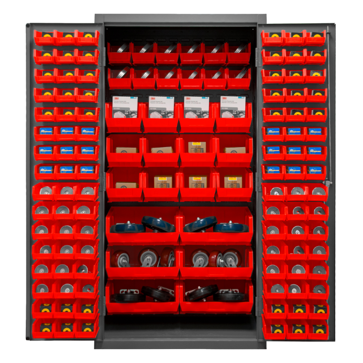 Durham 2501-BDLP-126-1795 Cabinet, 16 Gauge, 126 Red Bins, 36 X 24 X 72