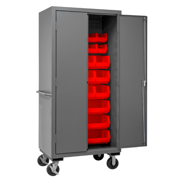 Durham 2501M-BLP-30-1795 Mobile Cabinet, 16 Gauge, 30 Red Bins, 36 X 24 X 81
