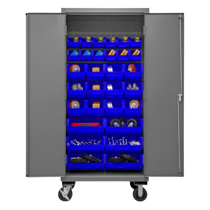 Durham 2501M-BLP-30-5295 Mobile Cabinet, 16 Gauge, 30 Blue Bins, 36 X 24 X 81