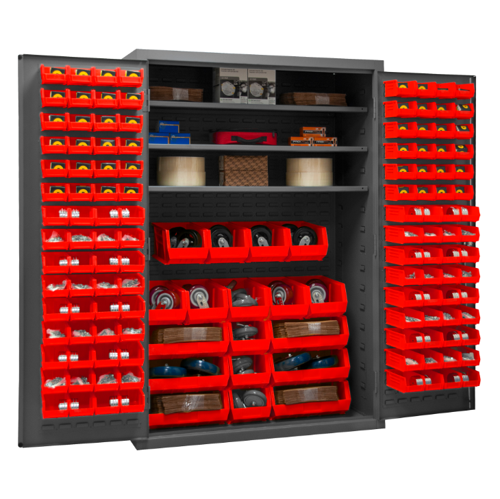 Durham 2502-138-3S-1795 Cabinet, 16 Gauge, 3 Shelves, 138 Red Bins, 48 X 24 X 72