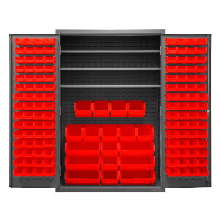 Durham 2502-138-3S-1795 Cabinet, 16 Gauge, 3 Shelves, 138 Red Bins, 48 X 24 X 72