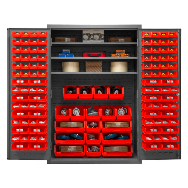 Durham 2502-138-3S-1795 Cabinet, 16 Gauge, 3 Shelves, 138 Red Bins, 48 X 24 X 72