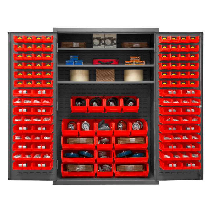 Durham 2502-138-3S-1795 Cabinet, 16 Gauge, 3 Shelves, 138 Red Bins, 48 X 24 X 72