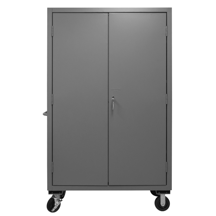 Durham 2502M-BLP-18-2S-5295 Mobile Cabinet, 16 Gauge, 2 Shelves, 18 Blue Bins, 50-9/16 X 24 X 81
