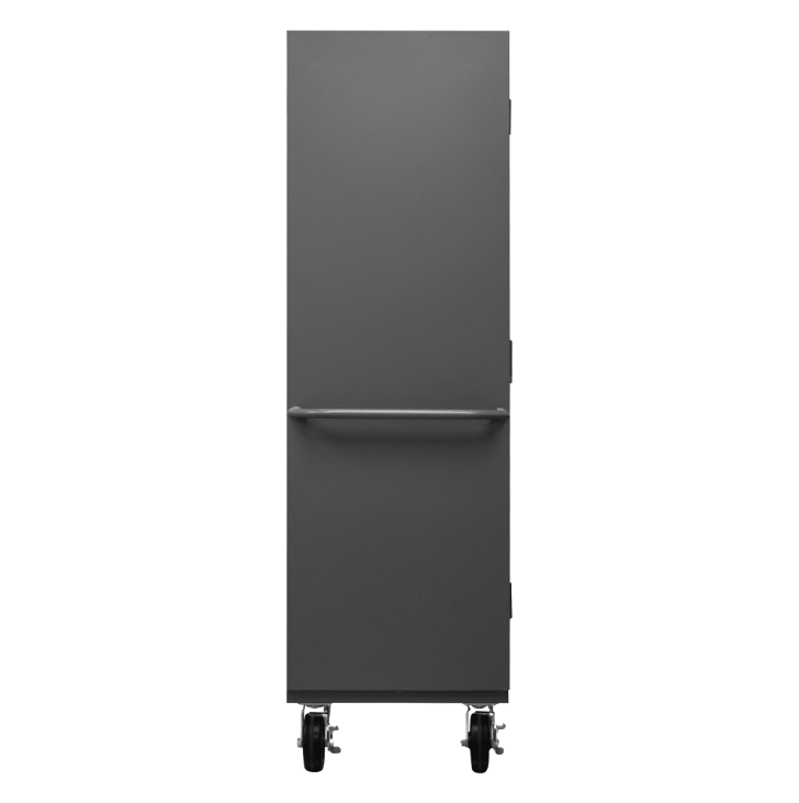 Durham 2502M-BLP-18-2S-95 Mobile Cabinet, 16 Gauge, 2 Shelves, 18 Yellow Bins, 50-9/16 X 24 X 81