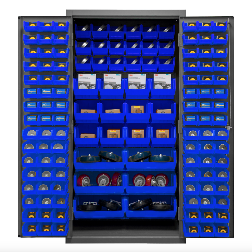 Durham 3501-BDLP-132-5295 Cabinet, 14 Gauge, 132 Blue Bins, 36 X 24 X 72