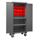 Durham 3501M-BLP-12-2S-1795 Mobile Cabinet, 14 Gauge, 2 Shelves, 12 Red Bins, 36 X 24 X 81