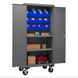 Durham 3501M-BLP-12-2S-5295 Mobile Cabinet, 14 Gauge, 2 Shelves, 12 Blue Bins, 36 X 24 X 81
