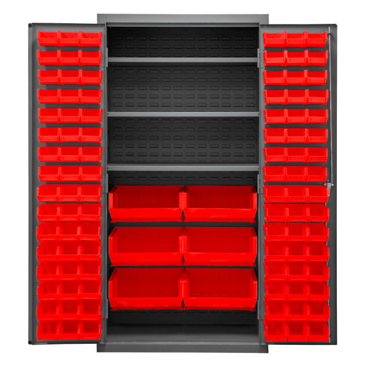 Durham 3501-BDLP-102-3S-1795 Cabinet, 14 Gauge, 3 Shelves, 102 Red Bins, 36 X 24 X 72