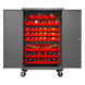 Durham 3502M-BLP-42-1795 Mobile Cabinet, 14 Gauge, 42 Red Bins, 48 X 24 X 81