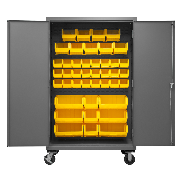 Durham 3502M-BLP-42-95 Mobile Cabinet, 14 Gauge, 42 Yellow Bins, 48 X 24 X 81