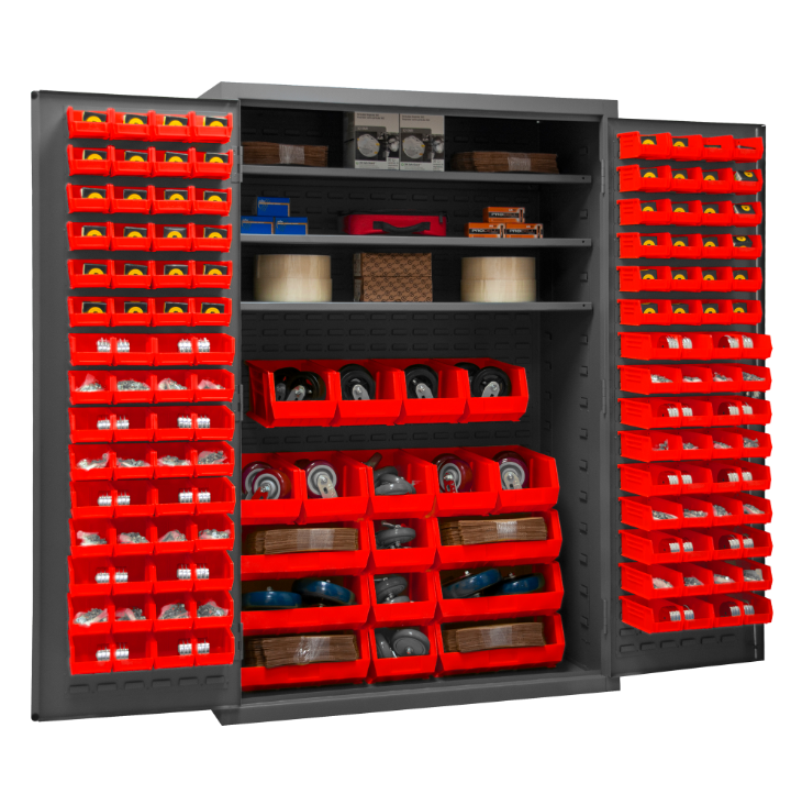 Durham 3502-138-3S-1795 Cabinet, 14 Gauge, 3 Shelves, 138 Red Bins, 48 X 24 X 72