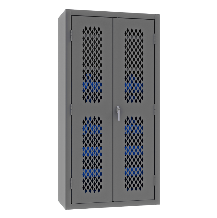 Durham EMDC-361872-18B-2S-5295 Ventilated Cabinet, 14 Gauge, 2 Shelves, 18 Blue Bins, 36 X 18 X 72