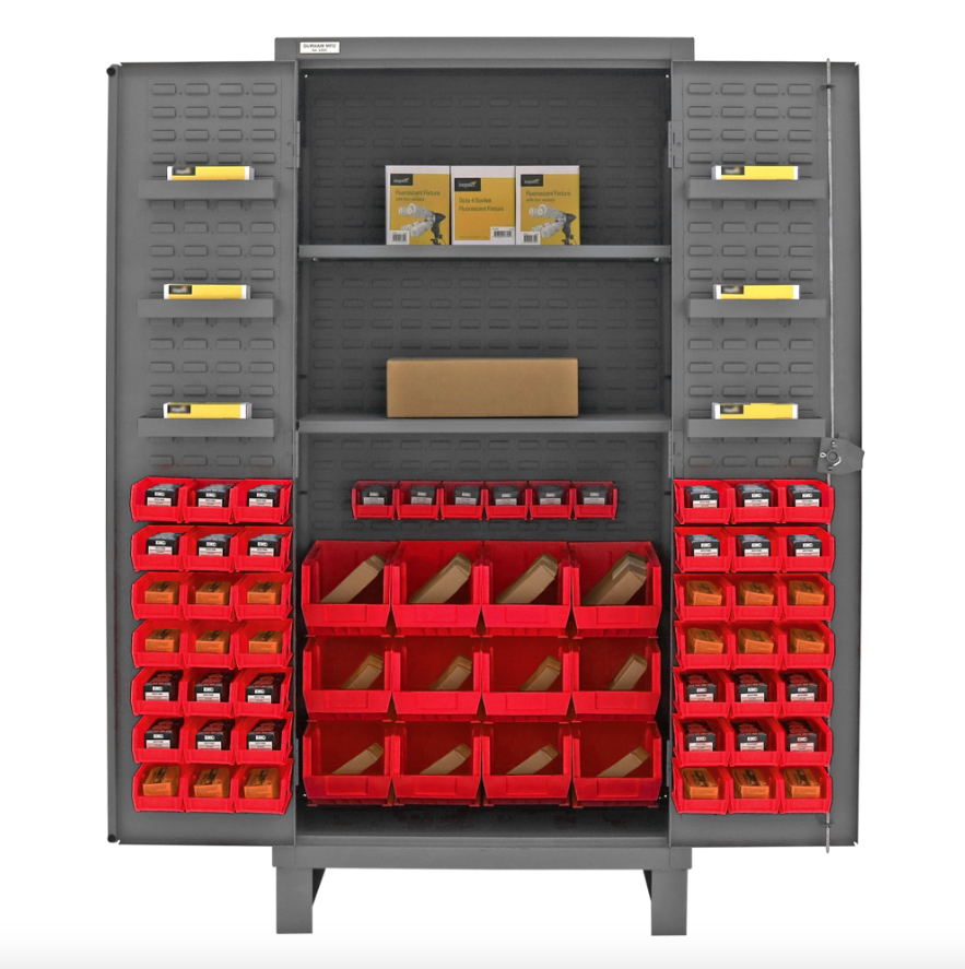 Durham HDC36-60-2S6D1795 Cabinet, 12 Gauge, 2 Shelves, 6 Door Shelves, 60 Red Bins, 36 X 24 X 78